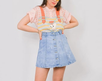 Trapezoidal skirt denim Mergie Vintage 90's button up down jean mini schoolgirl blue M Medium