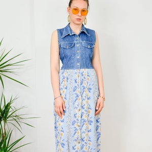 Button up down denim dress Vintage 90's jeans sleeveless florall bottom skirt pockets summer tied waist blue M Medium image 1