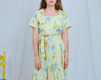 Yellow dress vintage floral print short sleeved prairie printed tied waist L-XL