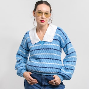 Vintage Striped V Neck Knitted Sweater Handmade Pullover | women&#39;s size M/L