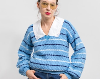 Maglione lavorato a maglia con scollo a V a righe vintage, fatto a mano / taglia da donna M/L