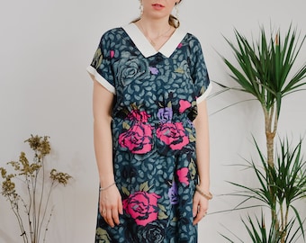 Shirt and skirt set floral two piece vintage 80s roses pattern short sleeve cocktail L/XL