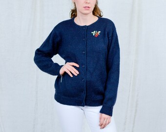 Mohair sweater 80s vintage cardigan navy blue retro minimalist embroidered mountain ash women XL