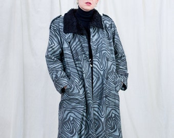 Zebra trench vintage 80s coat women autumn faux fur lining gray black animal print XXL/XXXL
