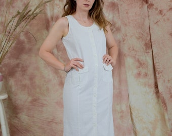 White dress linen button up down pockets summer vintage sun sleeveless M/L