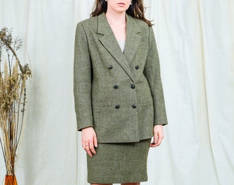 Green skirt suit vintage two piece set jacket Elegance double breasted L Large