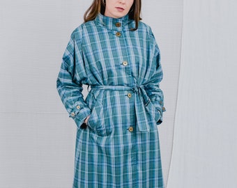 Vintage plaid trench tied waist coat 80s women size M/L