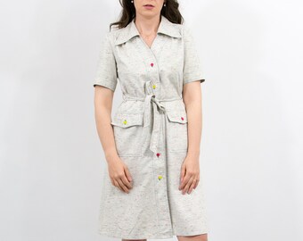 Vintage 70s dress gray collared belted short sleeved midi women Large