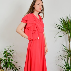 Red evening dress night gown prom maxi party vintage frill ankle length M/L