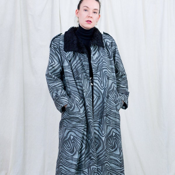 Zebra trench vintage 80s coat women autumn faux fur lining gray black animal print XXL/XXXL