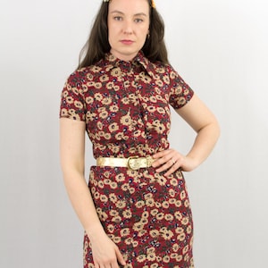 70s floral dress vintage mini burgundy printed short sleeved summer women S/M
