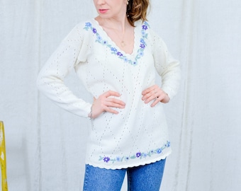 Retro sweater 80s vintage embroidered cream pullover floral v neck ramie cotton women L/XL