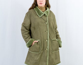 Vintage faux suede jacket green fur coat fake leather XXXL