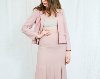 Salmon skirt suit vintage Jacques Vert 90s pink two piece set long sleeve wool M Medium