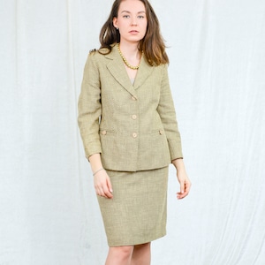 Beige skirt suit vintage rattan sandy two piece set long sleeve L Large