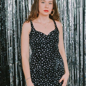 Mini robe velours noir brocart points holographiques party crayon vintage années 80 sans manches M Medium image 1