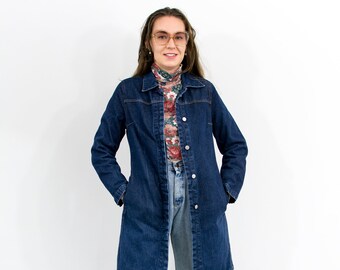 Vintage denim trench coat navy blue jean jacket size S