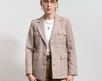 Vintage Agnes B Wool Checkered Jacket: 90s Knit Sleeve, Size Small