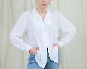 White long sleeve shirt vintage 90s puffy shoulders lace french blouse retro XL