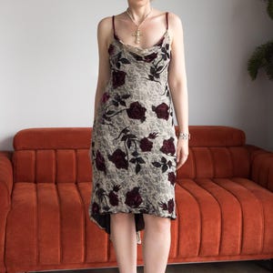 90s Silk Blend Velvet Slip Dress Floral Romantic Coquette Midi L/XL