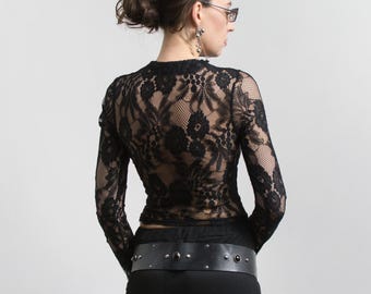 Top a maniche lunghe in pizzo gotico, nero trasparente, aderente, Y2K