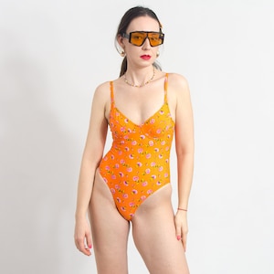 90s one piece swimsuit orange floral spaghetti straps vintage women size S image 1