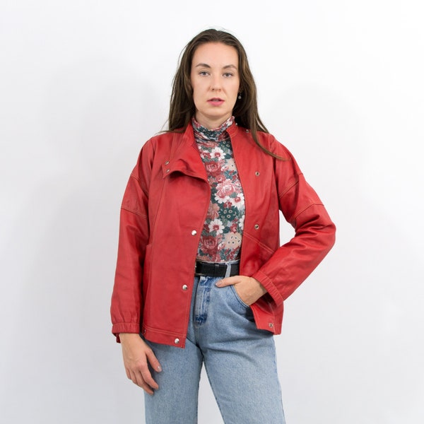 Veste en cuir rouge vintage biker femme taille M