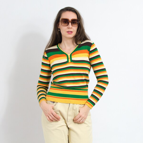 Vintage striped blouse stretchy rainbow knitted long sleeve top size M
