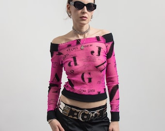 Y2K Sheer Mesh Top Schulterfrei Rosa Glitzer S