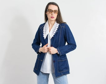 Giacca di jeans vintage aderente cappotto di jeans blu navy donna taglia M