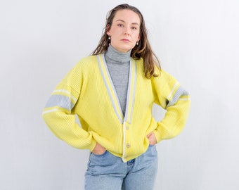 Vintage yellow cardigan 90s preppy sweater college oversized L/XL