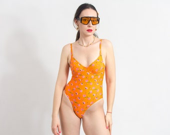 90s one piece swimsuit orange floral spaghetti straps vintage women size S