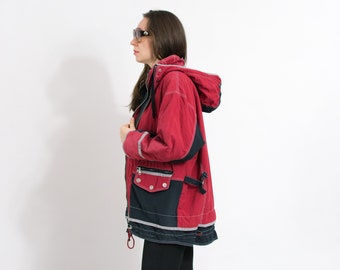 Vintage 90s oversized jacket red black insulated windbreaker hooded women size L/XL