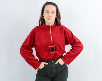 Red fleece sweatshirt vintage 90s warm top burgundy women L/XL