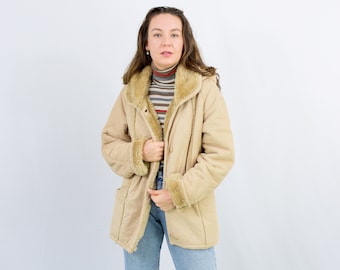 Vintage faux suède jas beige nep lederen bont sherpa zuidwestelijke Medium