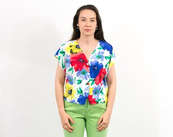 Vintage 80s blouse floral rainbow shirt printed short sleeved women XL