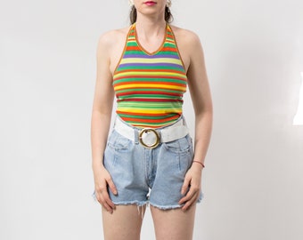 Rainbow y2k top striped backless summer sleeveless women M/L