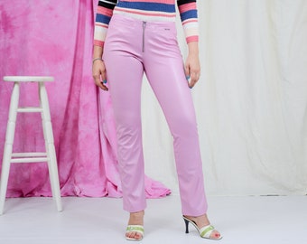 pink leather jeans