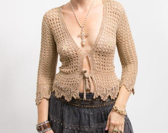 Crochet boho top sheer lace mesh blouse women size S