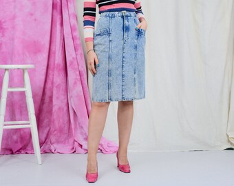 Acid wash mini skirt W28-32 vintage denim 90s stonewashed pencil schoolgirl high waist pockets XL