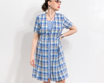 Western mini dress plaid short sleeve Vintage 90's tied waist women size L
