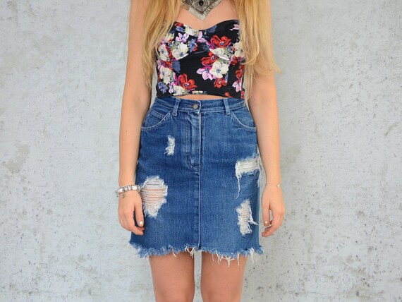 high waisted distressed denim skirt