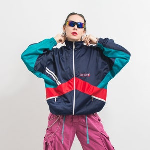 Oversized track jacket Vintage 90's multi color block tracksuit top women size XL image 1