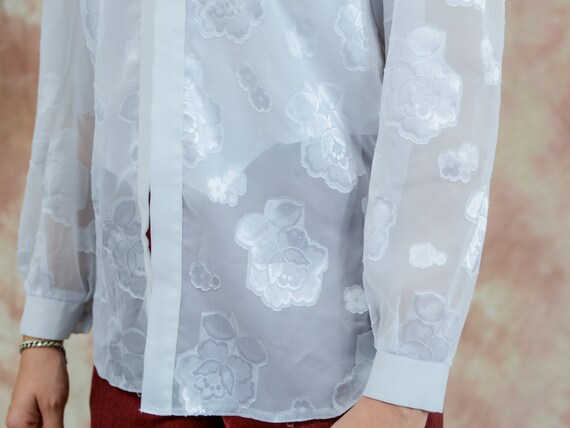 White roses shirt 80s vintage puffy sleeve mesh s… - image 3