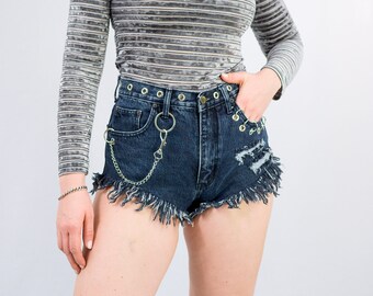 Punks shorts W31 reworked denim keychain studded high waisted keyring vintage cut offs L Large