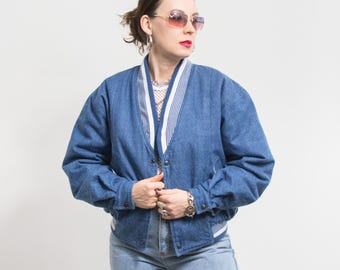 Chaqueta vaquera bomber estilo años 80, estilo vintage, color azul, talla L/XL para mujer.