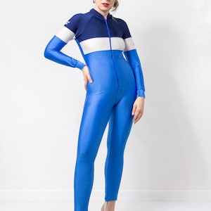 Vintage lycra jumpsuit blue athletic tracksuit coveralls women size S/M image 2