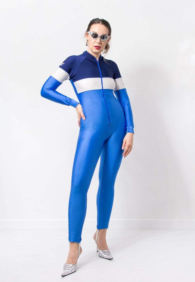 Vintage lycra jumpsuit blue athletic tracksuit coveralls women size S/M image 2