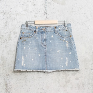 Y2K Blue Denim Mini Skirt | Studded Beaded Distressed Frayed Hem M