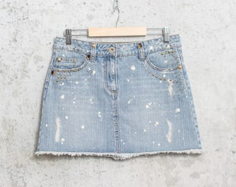 Y2K Blue Denim Mini Skirt | Studded Beaded Distressed Frayed Hem M